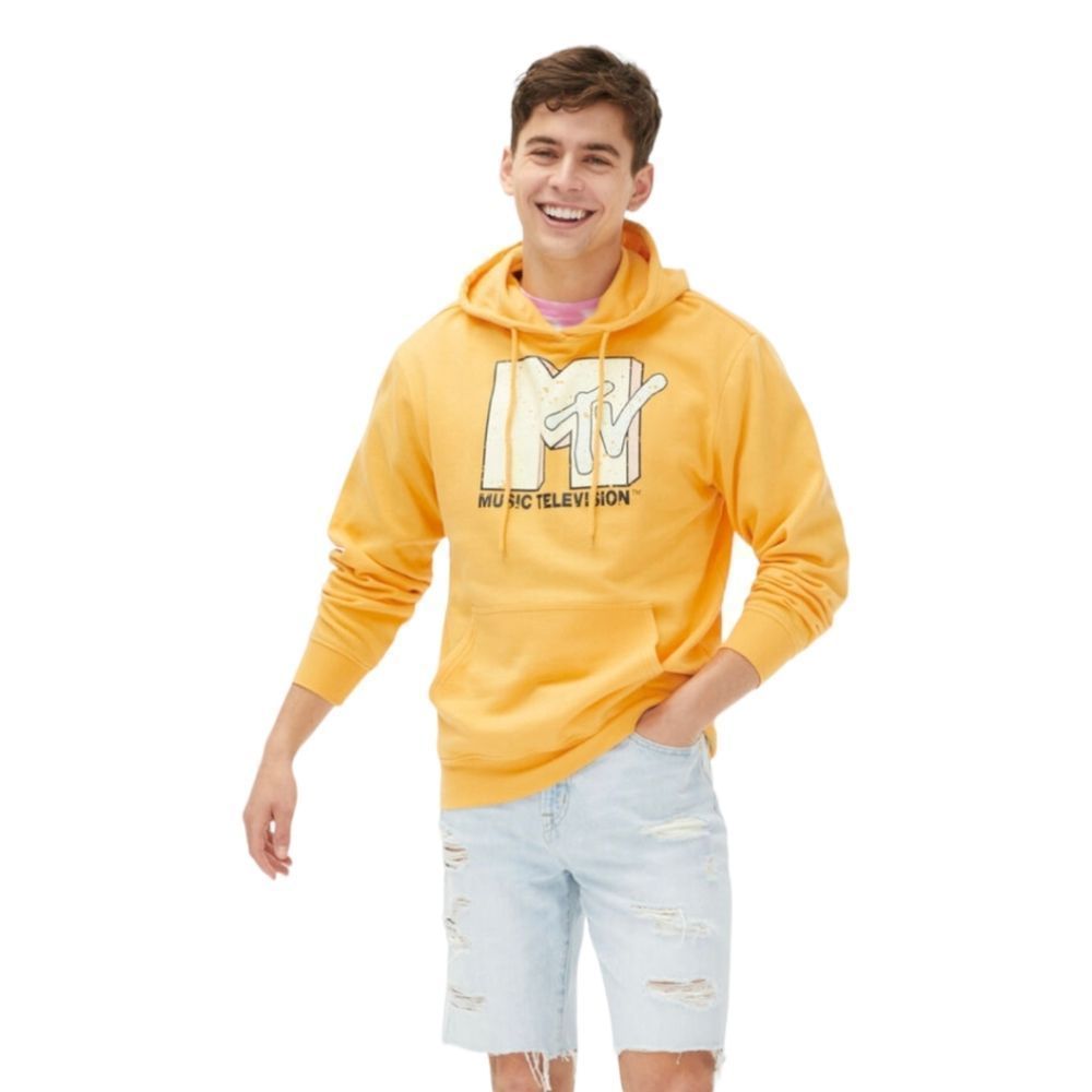 MTV Graphic Paint Splatter Logo Pullover Hoodie sweatshirt Men's sz XL, mustard